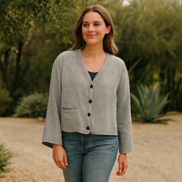 FLAX Women's Crop Linen Multicolor Lagenlook Button Up Size Petite - Picture 1 of 7